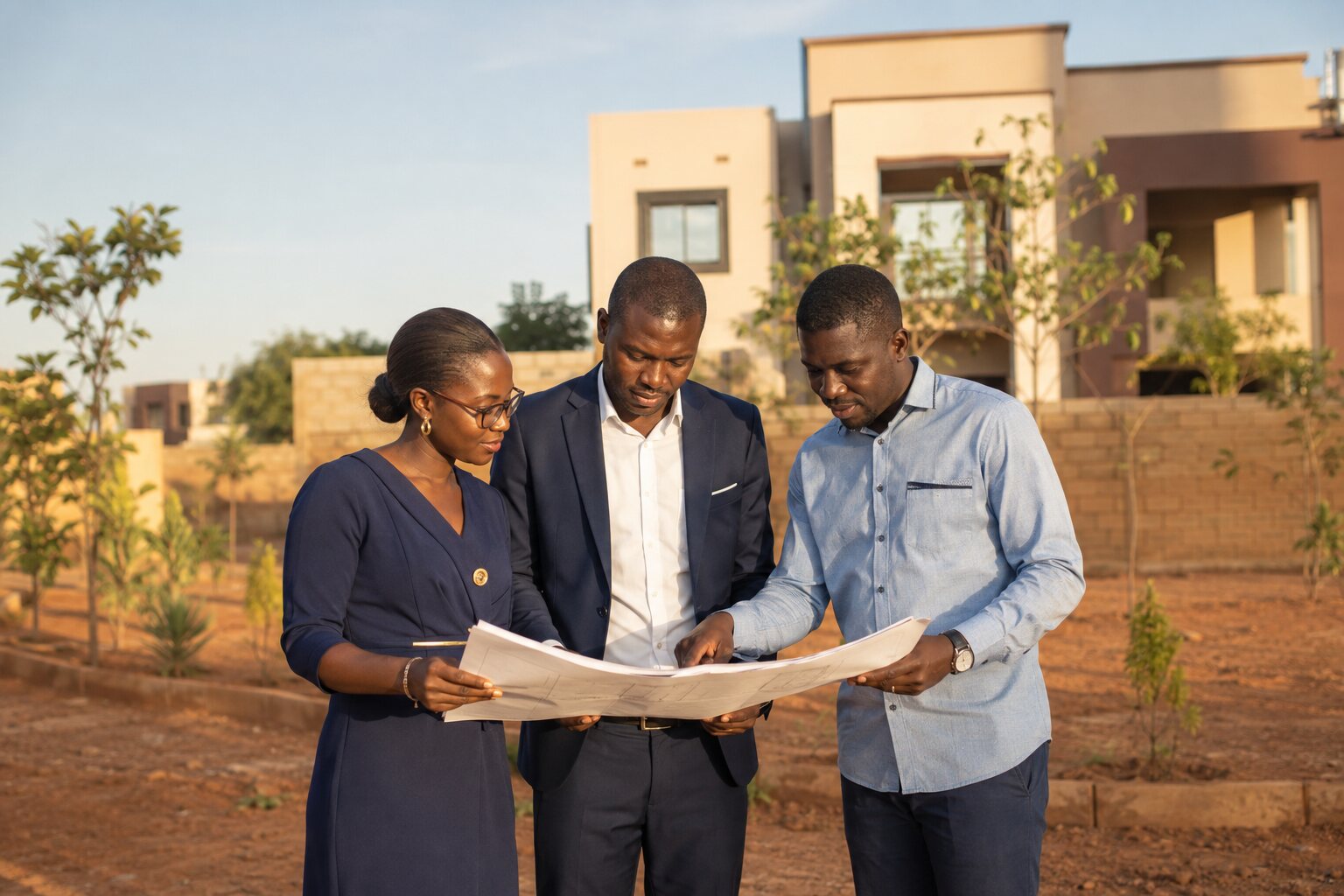 Équipe immobilière professionnelle sur le terrain au Burkina Faso