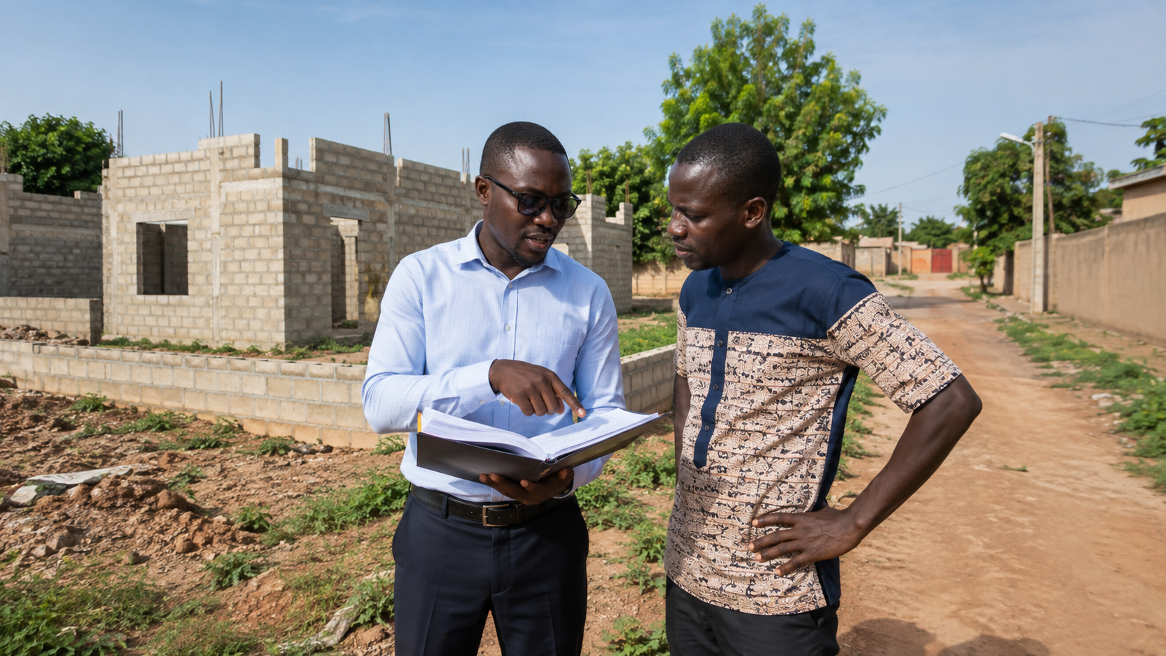 Propriétaire et consultant examinant une parcelle en cours de mise en valeur à Zabré au Burkina Faso.