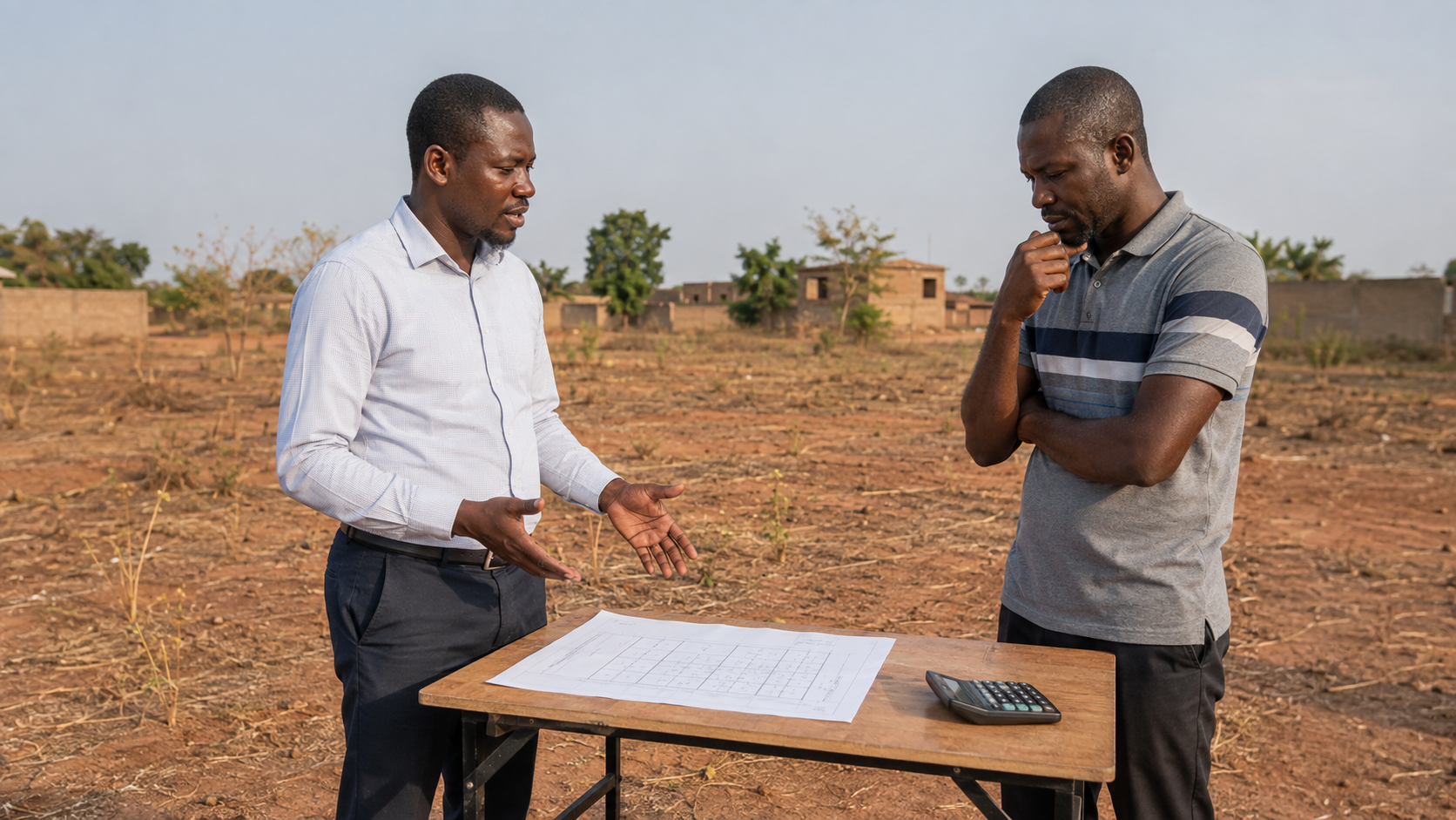 Propriétaire examinant avec un consultant le coût fiscal et le projet de mise en valeur d’un terrain non construit au Burkina Faso