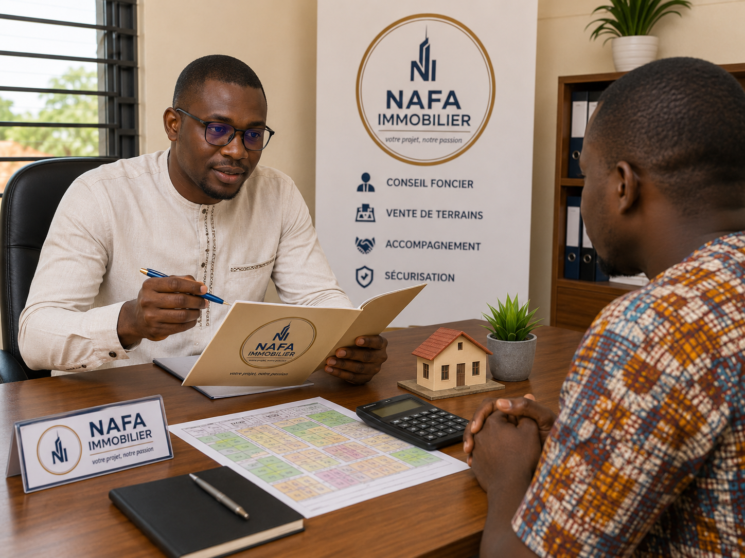 Conseiller foncier expliquant à un propriétaire les frais et taxes liés à la vente d'un terrain au Burkina Faso.