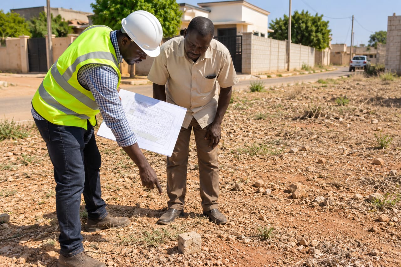 Un technicien et un propriétaire vérifient l’emplacement d’une borne disparue sur une parcelle lotie à l’aide du plan du terrain.
